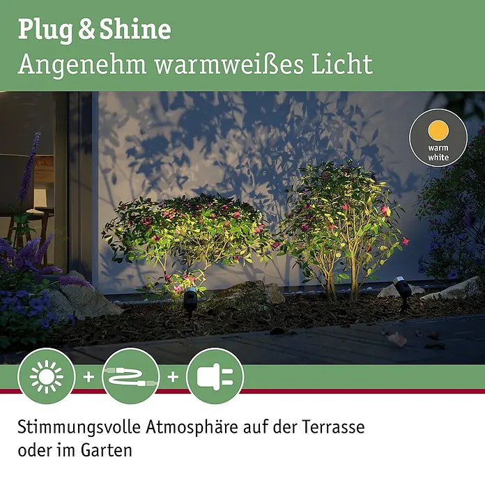 Paulmann Plug & Shine Basis-Set LED-Gartenstrahler Pike - 3,5 W, 230 V, IP65, Höhe: 31 cm, 3 Stk. - Plug & Shine Gartenbeleuchtung mit angenehm warmweißem Licht für stimmungsvolle Atmosphäre auf Terrasse und im Garten.