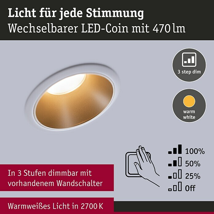 Paulmann LED-Einbauleuchte Cole (6,5 W, Weiß/Gold, Warmweiß, 1 Stk.) | BAUHAUS