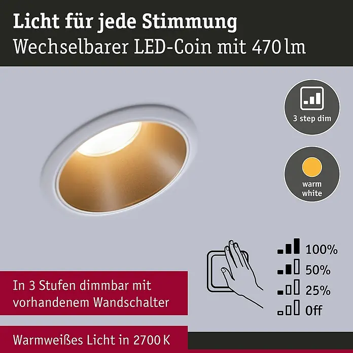 Paulmann LED-Einbauleuchte Cole - 6,5 W, Weiß/Gold, Warmweiß, 1 Stk. - Bild einer LED-Einbauleuchte mit warmweißem Licht und 3-Stufen-Dimmfunktion für stimmungsvolle Beleuchtung.