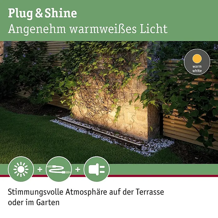 Paulmann Plug & Shine LED-Außenleuchte - 8 W, Warmweiß, IP67, L x B x H: 85,6 x 5,2 x 5,8 cm - Produktbild der Plug & Shine-Gartenbeleuchtung mit angenehm warmweißem Licht für eine stimmungsvolle Atmosphäre auf Terrasse oder im Garten.