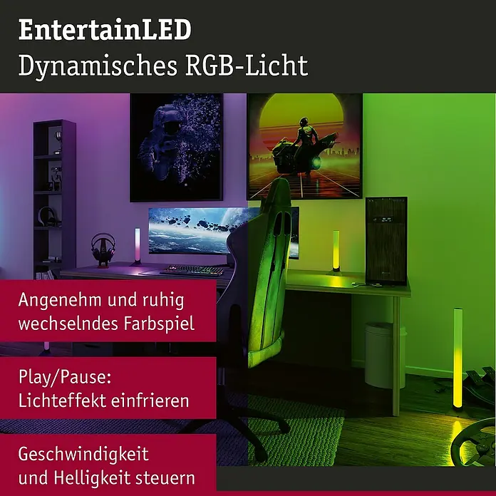 Paulmann LED-Lichtleiste - L x B x H: 30,5 x 3 x 3 cm, Lichtfarbe: RGB, 5 V, 2 Stk. - Die EntertainLED dynamische RGB-Leuchte erhellt einen Gaming-Bereich mit weichen Farbwechseln und anpassbarer Helligkeit.