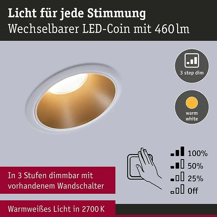 Paulmann LED-Einbauleuchte Cole - 19,5 W, Weiß/Gold, Warmweiß, 3 Stk. - Bild einer dimmbaren LED-Einbauleuchte mit warmweißem Licht und austauschbarem LED-Coin, ideal für jede Stimmung.