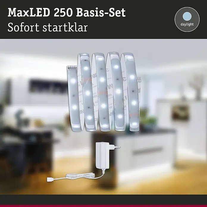 Paulmann MaxLED 250 LED-Band Basisset Protecting Cover IP44 - Länge: 1,5 m, Lichtfarbe: Tageslichtweiß, 6 W, 360 lm, IP44 - Abbildung eines MaxLED 250 Basis-Sets mit einem Lichtstreifen und einem Netzteil, ideal für die sofortige Installation.