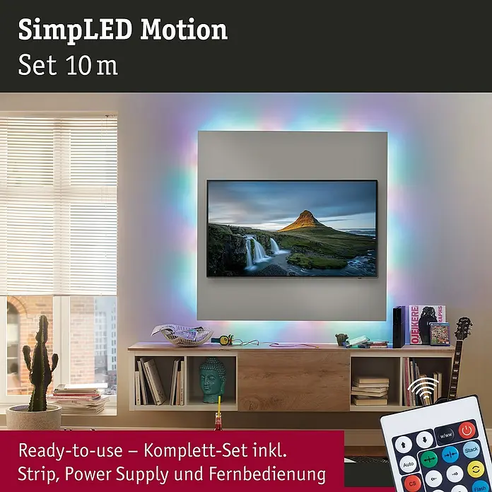 Paulmann LED-Band Motion - Länge: 10 m, Lichtfarbe: RGB, 17 W, 650 lm, 12 V - Das Bild zeigt ein SimpLED Motion Set 10 m, das ein komplettes Set inklusive Strip, Netzteil und Fernbedienung für stimmungsvolle Beleuchtung bietet.