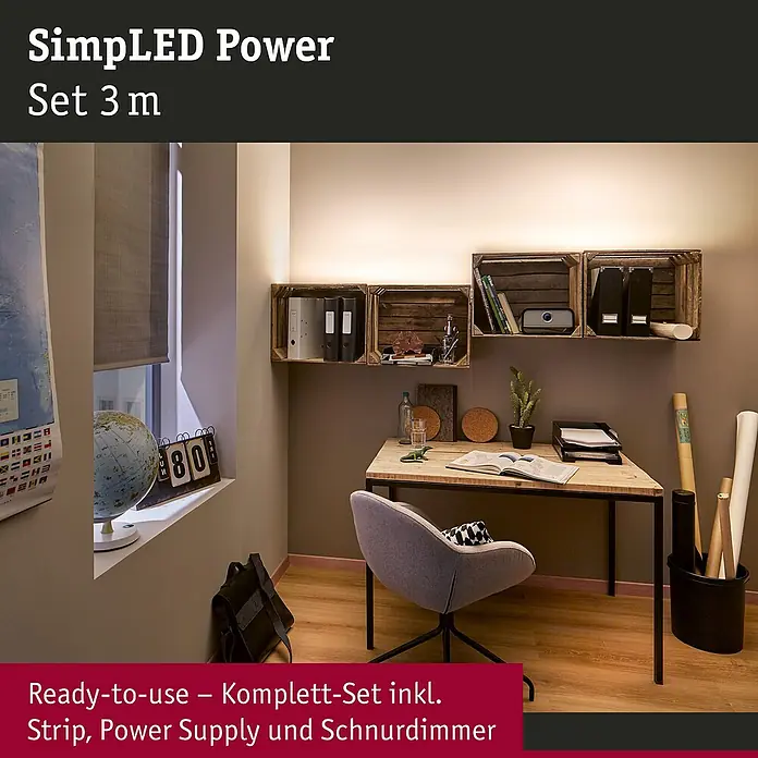 Paulmann LED-Band Power Strip - Länge: 3 m, Lichtfarbe: Neutralweiß, 33 W, 3.300 lm, 24 V - Das Bild zeigt ein SimpLED Power Set 3 m, das stimmungsvolle Beleuchtung für ein modernes Arbeitszimmer bietet.