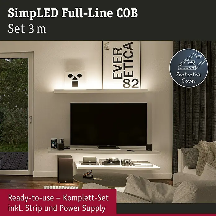 Paulmann LED-Band - Länge: 300 cm, Lichtfarbe: Neutralweiß, 17 W, 230 V - Das Bild zeigt ein SimpLED Full-Line COB Set 3 m, das eine stilvolle Beleuchtung für moderne Wohnräume bietet.
