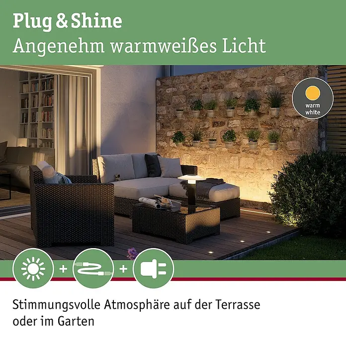 Paulmann Plug & Shine Bodeneinbauleuchte Lichtleiste - 8 W, Warmweiß, IP67, L x B x H: 90 x 5,4 x 4,5 cm - Das Bild zeigt das Plug & Shine Beleuchtungssystem, das angenehm warmweißes Licht erzeugt und eine stimmungsvolle Atmosphäre auf der Terrasse oder im Garten schafft.