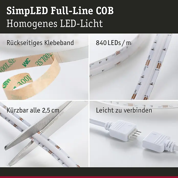 Paulmann LED-Band - Länge: 300 cm, Lichtfarbe: RGB, 30 W, 230 V - SimpLED Full-Line COB LED-Lichtband mit rückseitigem Klebeband, 840 LEDs/m, kürzbar alle 2,5 cm und leicht zu verbinden.