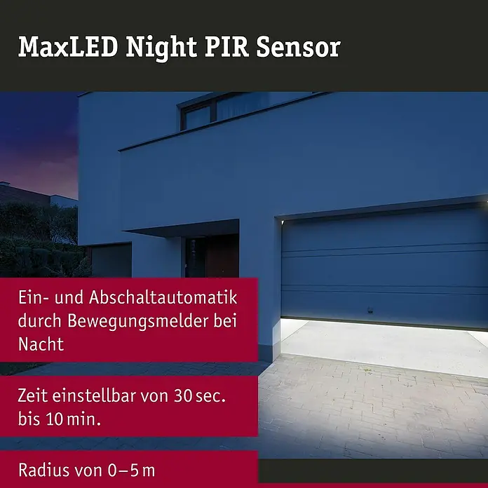 Paulmann MaxLED Bewegungsmelder Night - Weiß - Das Bild zeigt den MaxLED Night PIR Sensor, der eine automatische Ein- und Abschaltung durch Bewegungsmelder bei Nacht ermöglicht.