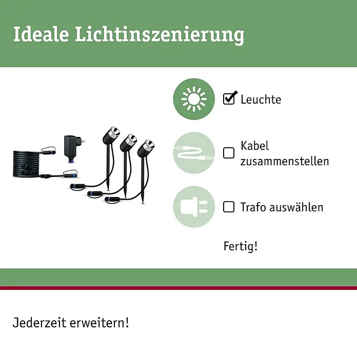 Paulmann Plug & Shine Basis-Set LED-Gartenstrahler Pike - 3,5 W, 230 V, IP65, Höhe: 31 cm, 3 Stk. - Bild mit Beleuchtungssystemkomponenten, die eine ideale Lichtinszenierung ermöglichen.  Leuchten, Kabel und Trafo sind dargestellt.