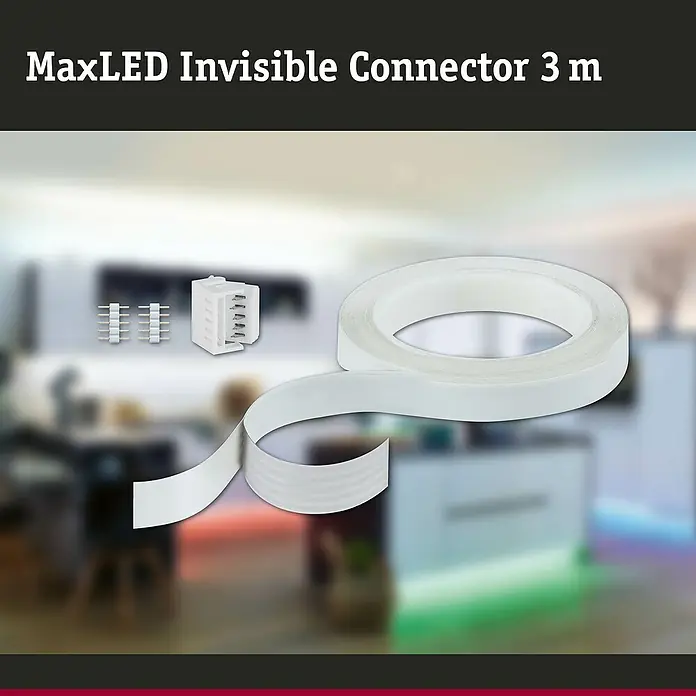 Paulmann MaxLED Clip-Connector Function MaxLED - L x B x H: 3 m x 17,5 mm x 12 mm, Weiß - Abbildung des MaxLED Invisible Connector 3 m, ein unsichtbarer LED-Bandverbinder mit Zubehör für eine nahtlose Installation.