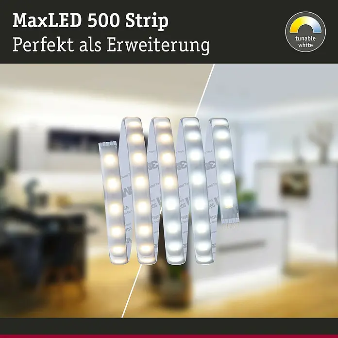 Paulmann MaxLED LED-Band Tunable White - 1 m, Neutralweiß - Abbildung eines MaxLED 500 Strip "Perfekt als Erweiterung" mit einstellbarem Weißton für flexible Beleuchtungslösungen.