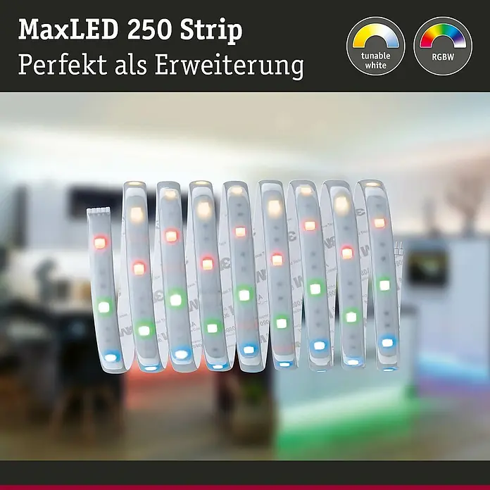 Paulmann MaxLED 250 LED-Band RGBW beschichtet IP44 - Länge: 2,5 m, Lichtfarbe: RGBW, 17 W, 675 lm, Anwendungsbereich: Außen - Bild eines MaxLED 250 Strip, der als Erweiterung dient, mit einstellbarem Weißton und RGBW-Funktion, ideal für stimmungsvolle Beleuchtung.
