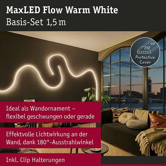 Paulmann MaxLED LED-Band Flow Basisset - Länge: 1,5 m - MaxLED Flow Warm White Basis-Set 1,5 m an der Wand, ideal als Wandornament mit effektvoller Lichtwirkung und flexiblen Clip Halterungen.