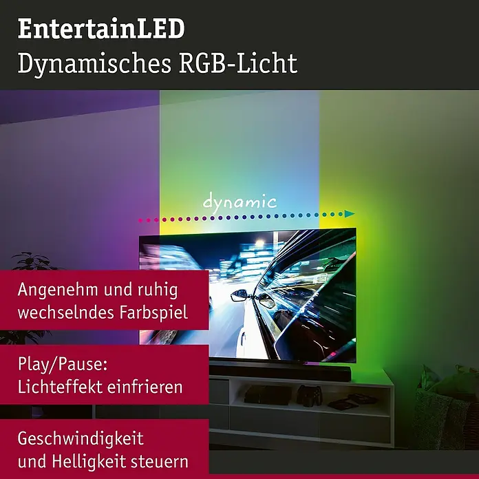 Paulmann LED-Band EntertainLED 55 Zoll - Länge: 200 cm, Lichtfarbe: RGB, 3,5 W - EntertainLED dynamisches RGB-Licht. Dynamische Beleuchtung für ein angenehmes Ambiente und flexible Lichteffekte mit Play/Pause Funktion.