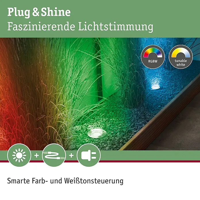 Paulmann Plug & Shine Basis-Set LED-Bodeneinbauleuchte Smart Home Zigbee - 3,6 W, Silber, Ø x H: 9,8 x 9,2 cm, Per App steuerbar, IP65 - Plug & Shine: Faszinierende Lichtstimmung mit smarter Farb- und Weißtonsteuerung für den Garten.