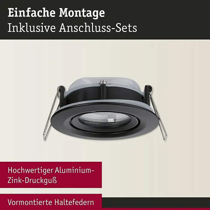 Paulmann Nova LED-Einbauleuchte rund Plus - 35 W, Ø x H: 9,3 x 4,5 cm, Schwarz - Nahaufnahme eines schwarzen LED-Einbaustrahlers mit inklusivem Anschluss-Set und vormontierten Haltefedern für eine einfache Montage.