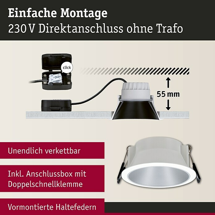 Paulmann LED-Einbauleuchte Cole (6,5 W, Weiß/Silber, Warmweiß, 1 Stk.) | BAUHAUS