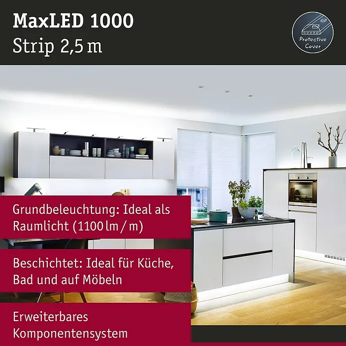 Paulmann MaxLED LED-Band 1000 Stripe - L x H: 2,5 m x 4 mm, Silber - MaxLED 1000 Strip 2,5 m: Flexible LED-Leiste für die Küche, das Bad und Möbel. Erweiterbares Komponentensystem für individuelle Lichtlösungen.