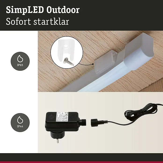 Paulmann LED-Band Simpled Outdoor - Länge: 3 m, Lichtfarbe: Warmweiß, 12 W, 1.260 lm - SimplLED Outdoor-Leuchte mit Montageclip, Netzteil und Stromkabel. Spritzwassergeschützt für den Außenbereich, sofort einsatzbereit.