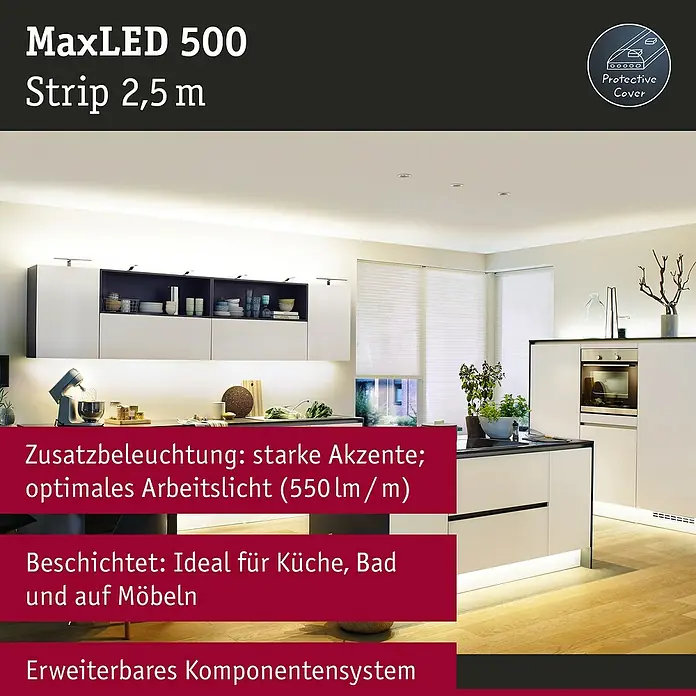 Paulmann MaxLED 500 LED-Band - L x H: 2,5 m x 4 mm, Silber - Das Bild zeigt den MaxLED 500 Strip 2,5 m, eine flexible LED-Leiste für Küche, Bad und Möbel, die sich durch Akzentbeleuchtung und Erweiterbarkeit auszeichnet.