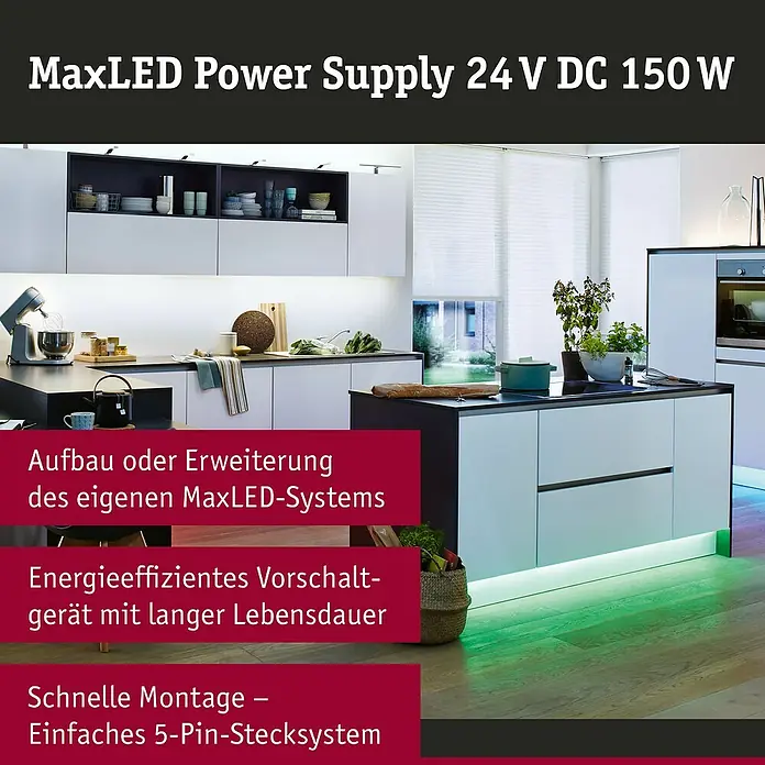 Paulmann MaxLED Stromeinspeisung Function MaxLED - B x H: 210 x 34 mm, Weiß - MaxLED-Netzteil 24 V DC 150 W für den Aufbau oder die Erweiterung von LED-Systemen, energieeffizient und mit einfacher Montage.