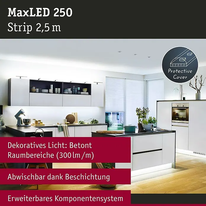 Paulmann MaxLED 250 LED-Band IP44 - Länge: 2,5 m, Lichtfarbe: Tageslichtweiß, 10 W, 750 lm, IP44 - Das Bild zeigt ein MaxLED 250 Strip 2,5 m LED-Beleuchtungssystem in einer modernen Küche, das dekorative und funktionale Beleuchtung bietet.