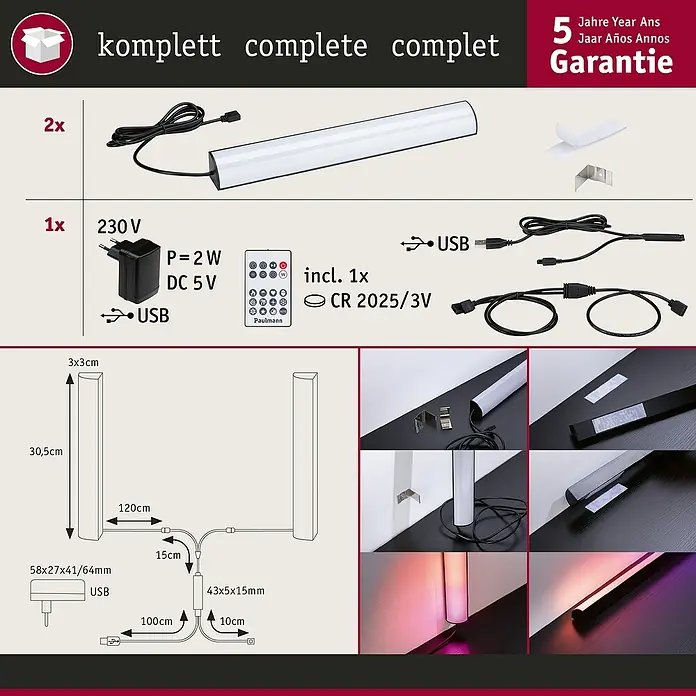 Paulmann LED-Lichtleiste - L x B x H: 30,5 x 3 x 3 cm, Lichtfarbe: RGB, 5 V, 2 Stk. - Darstellung des LED-Leuchtensets inklusive Zubehör wie USB-Netzteil und Fernbedienung.
