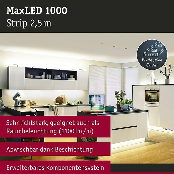 Paulmann MaxLED 1.000 LED-Band Warmweiß - L x H: 2,5 m x 4 mm, Silber - Das Bild zeigt einen MaxLED 1000 Strip 2,5 m, der sich ideal für die Raumbeleuchtung eignet und abwischbar ist, dank seiner Beschichtung.