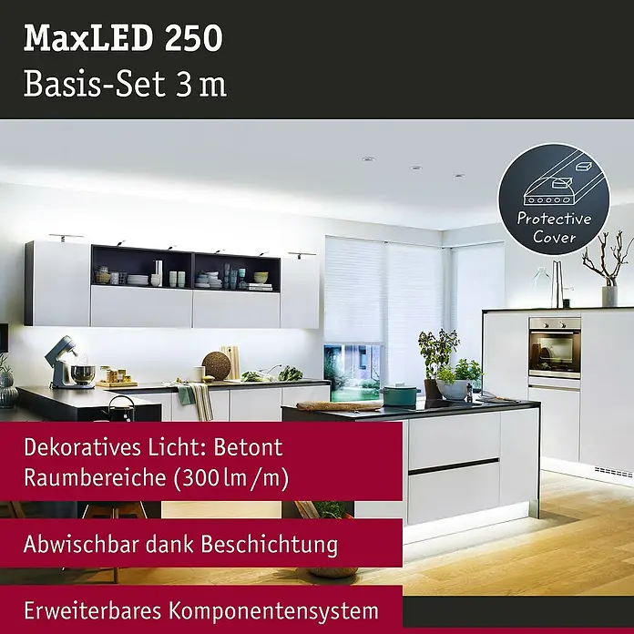 Paulmann MaxLED 250 LED-Band Basisset Protecting Cover - Länge: 3 m, Lichtfarbe: Tageslichtweiß, 12 W, 900 lm, IP44 - MaxLED 250 Basis-Set 3 m: LED-Streifen für dekorative Beleuchtung im Innenbereich, abwischbar und erweiterbares Komponentensystem für individuelle Gestaltung.