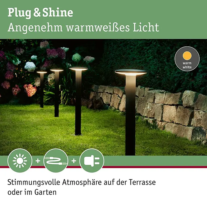 Paulmann Plug & Shine LED-Außenleuchte Plate - 6 W, Warmweiß, IP44, Farbtemperatur: 3.000 K - Gartenleuchten Plug & Shine: Angenehm warmweißes Licht für stimmungsvolle Atmosphäre auf der Terrasse oder im Garten.