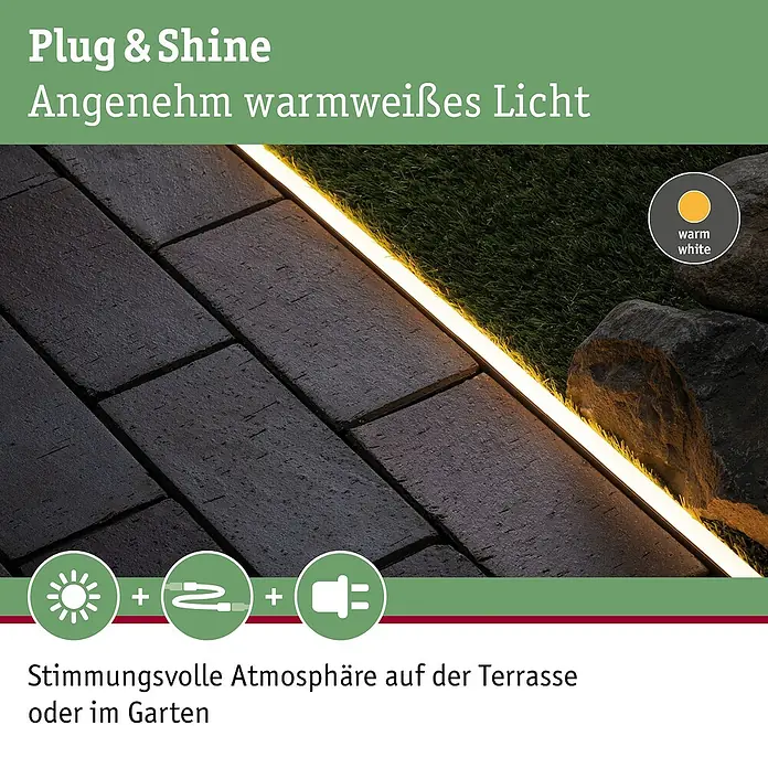 Paulmann Plug & Shine Montageschiene für Neon Stripe - Länge: 1 m - Das Bild zeigt eine stimmungsvolle Plug & Shine Außenleuchte mit angenehm warmweißem Licht für Terrasse oder Garten.