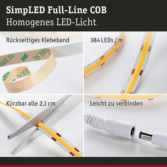Paulmann LED-Band - Länge: 300 cm, Lichtfarbe: Neutralweiß, 17 W, 230 V - Abbildung einer SimpLED COB LED-Leuchte mit Klebeband, 384 LEDs/m, kürzbar alle 2,1 cm, leicht zu verbinden.