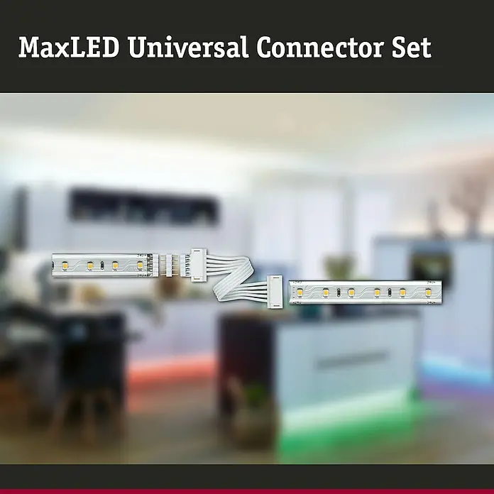 Paulmann MaxLED Verbinder-Set - 2 Stk. - MaxLED Universal Connector Set vor einem verschwommenen Küchendekor.