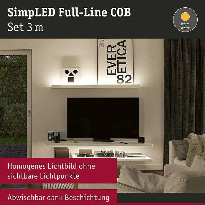 Paulmann LED-Band - Länge: 300 cm, Lichtfarbe: Neutralweiß, 17 W, 230 V - SimpLED Full-Line COB Set 3m: Homogenes Lichtband für indirekte Beleuchtung im Wohnbereich, abwischbar und mit warmweißem Licht.