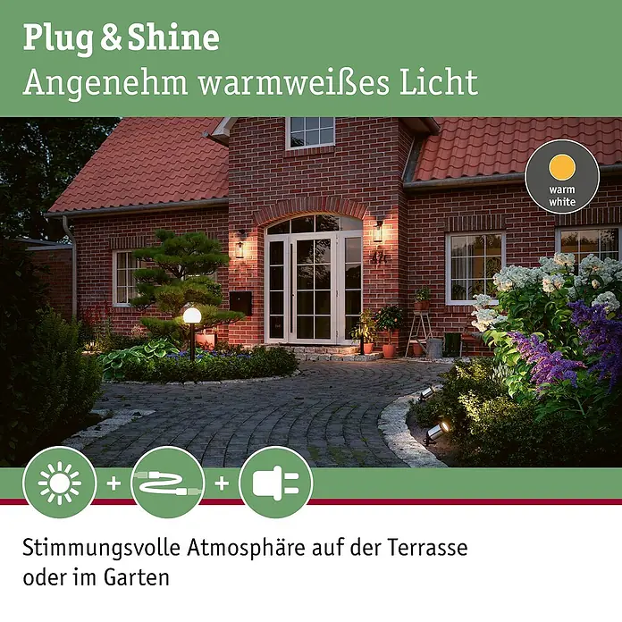 Paulmann Plug & Shine LED-Gartenstrahler Spot - Ø x H: 8,8 x 26,5 cm, Anthrazit, 5,1 W, IP65 - Das Bild zeigt eine Plug & Shine Gartenbeleuchtung, die eine stimmungsvolle Atmosphäre auf der Terrasse oder im Garten erzeugt.
