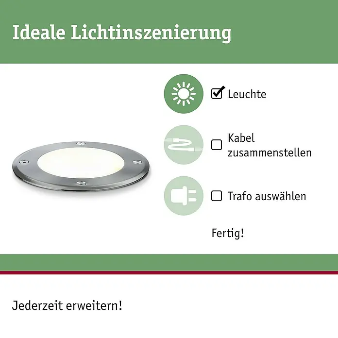 Paulmann Plug & Shine LED-Gartenspot - 6 W, Warmweiß, IP67, Ø x H: 14 x 15 cm, Abstrahlwinkel: 20 ° - Bild einer Bodenleuchte mit Installationsanleitung. Schritt-für-Schritt-Anleitung für die Installation der Leuchte.