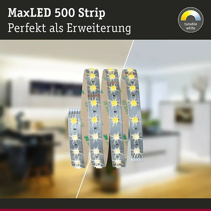 Paulmann MaxLED LED-Band SmartHome Tunable White - Silber, L x H: 1 m x 3 mm - Das Bild zeigt einen MaxLED 500 Strip, der als Erweiterung für Beleuchtungssysteme dient und einstellbares Weiß bietet.