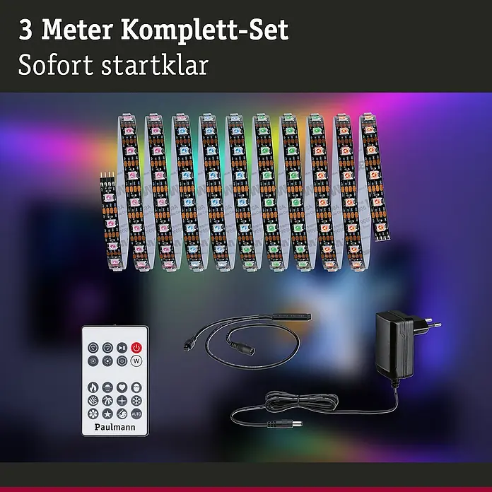 Paulmann LED-Stripes Dynamic Rainbow - Länge: 300 cm, RGB, 8,5 W - Produktabbildung eines 3 Meter LED-Streifen Komplett-Sets mit Fernbedienung, Stecker und Anschlusskabeln. Sofort startklar!