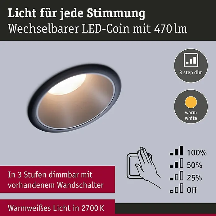 Paulmann LED-Einbauleuchte Cole - 19,5 W, Schwarz/Silber, Warmweiß, 3 Stk. - Bild einer dimmbaren LED-Leuchte mit warmweißem Licht und austauschbarem LED-Coin, ideal für jede Stimmung.