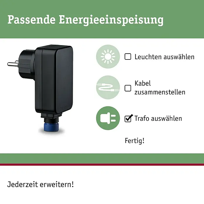 Paulmann Plug & Shine LED-Trafo - 24 V, IP44, Schwarz, Max. Leistung: 21 W - Das Bild zeigt eine Energieeinspeisung mit Stecker und blauer Verschlusskappe, dazu Icons und Checkboxen für die Auswahl von Leuchten, Kabel und Trafo.