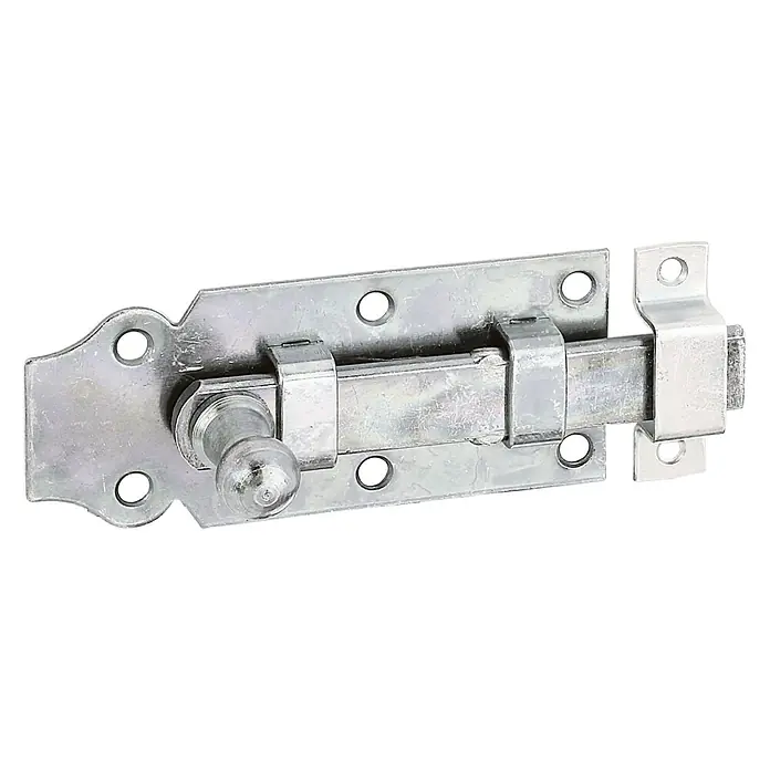 Stabilit Picaporte de la puerta - L x An: 100 x 50 mm, Acero - Un cerrojo de cañón plateado con orificios para tornillos, un sujetador común para puertas y ventanas.