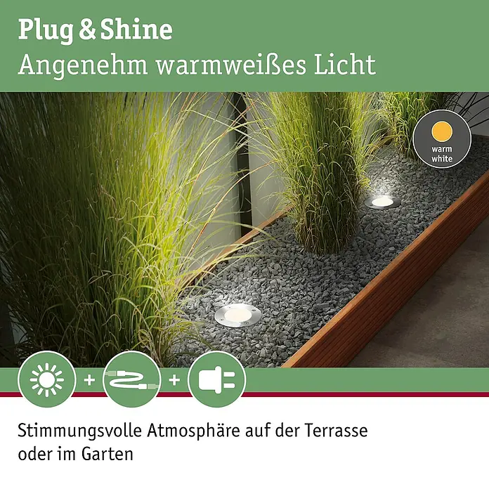 Paulmann Plug & Shine Bodeneinbauleuchte - 3,6 W, Warmweiß, IP65, Rund - Stimmungsbild der Plug & Shine Gartenbeleuchtung, die ein angenehm warmweißes Licht verbreitet und eine stimmungsvolle Atmosphäre erzeugt.