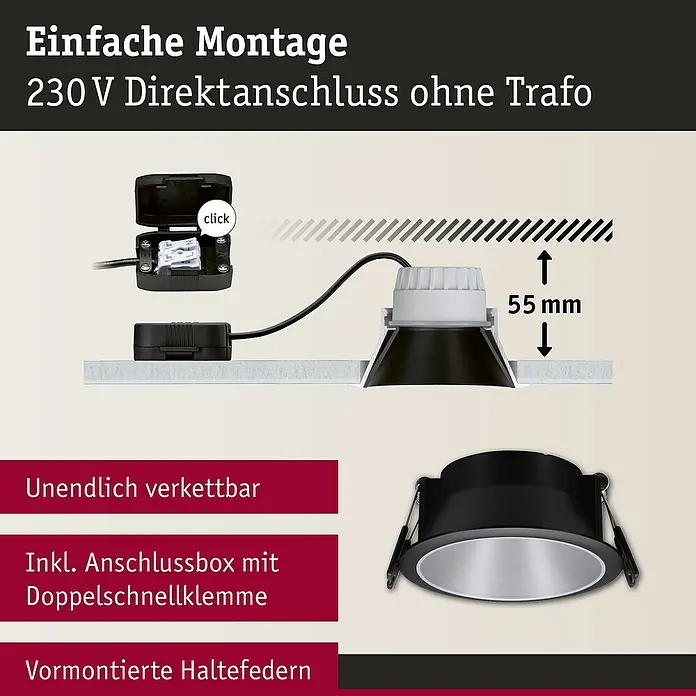 Paulmann LED-Einbauleuchte Cole - 19,5 W, Schwarz/Silber, Warmweiß, 3 Stk. - Produktbild einer schwarzen Einbauleuchte mit Direktanschluss und Zubehör für einfache Montage.