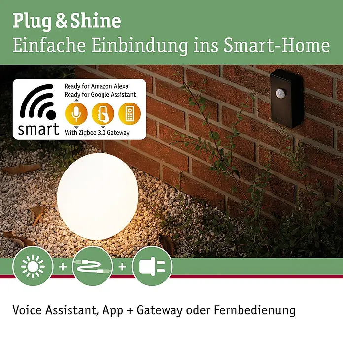 Paulmann Plug & Shine Dimm- & Schaltcontroller Smart - Max. Leistung: 75 W - Produktbild von Plug & Shine Smart-Home-System mit einer smarten Außenleuchte, die einfach in das Smart-Home integriert werden kann.