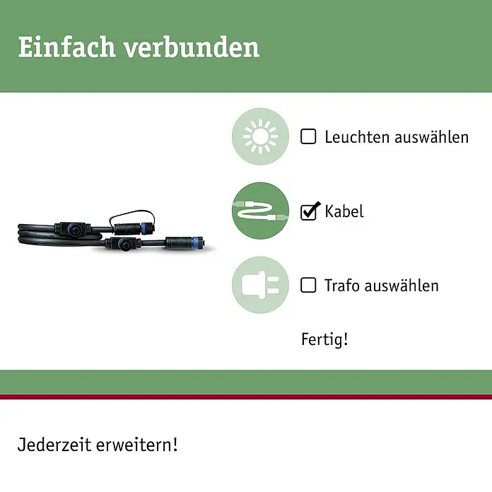 Paulmann Plug & Shine Verbindungskabel - 1 m, 3 Anschlüsse, IP68 - Illustration von Kabelverbindungen und Installationsschritten für ein Beleuchtungssystem.