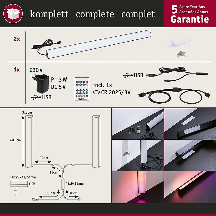 Paulmann LED-Lichtleiste - L x B x H: 60,5 x 3 x 3 cm, Lichtfarbe: RGB, 5 V, 2 Stk. - Komplettset LED-Leuchten: Das Bild zeigt das komplette Set der LED-Leuchten mit Zubehör, inklusive Fernbedienung, USB-Anschluss und Montageanleitung.