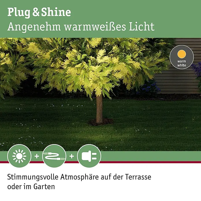 Paulmann Plug & Shine LED-Gartenspot - 6 W, Warmweiß, IP67, Ø x H: 14 x 15 cm, Abstrahlwinkel: 38 ° - Bild von Plug & Shine Gartenbeleuchtung, die eine stimmungsvolle Atmosphäre auf der Terrasse oder im Garten erzeugt.