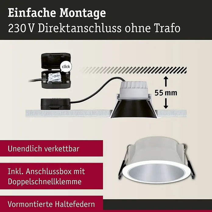 Paulmann LED-Einbauleuchte Cole - 19,5 W, Weiß/Silber, Warmweiß, 3 Stk. - Produktdarstellung: Einfache Montageleuchte für den Innenbereich, 230V Direktanschluss ohne Trafo, inklusive Anschlussbox und vormontierten Haltefedern.