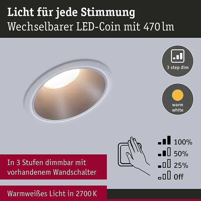 Paulmann LED-Einbauleuchte Cole - 19,5 W, Weiß/Silber, Warmweiß, 3 Stk. - Produktbild einer dimmbaren LED-Lampe mit warmweißem Licht und 470 Lumen, ideal für jede Stimmung.